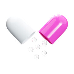 Opened capsule 3D render illustration. Opened capsule pill with medicine leaking from it.