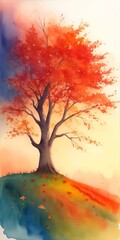 Obraz na płótnie Canvas Majestic alone tree on a hill at mountain valley. Dramatic colorful morning scene. Red and yellow autumn leaves. Watercolor style. AI generated illustration