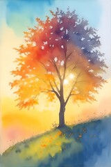Majestic alone tree on a hill at mountain valley. Dramatic colorful morning scene. Red and yellow autumn leaves. Watercolor style. AI generated illustration
