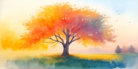 Majestic alone tree on a hill at mountain valley. Dramatic colorful morning scene. Red and yellow autumn leaves. Watercolor style. AI generated illustration - obrazy, fototapety, plakaty