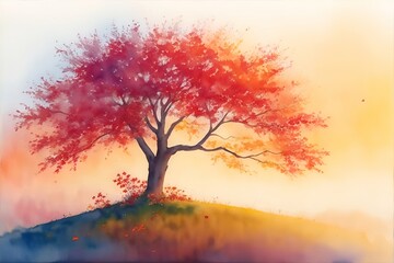 Fototapeta na wymiar Majestic alone tree on a hill at mountain valley. Dramatic colorful morning scene. Red and yellow autumn leaves. Watercolor style. AI generated illustration