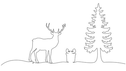 Reindeer silhouette, gift, christmas tree. Continuous one line drawing. Vector Illustration.