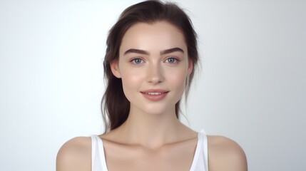 Close up portrait of a pretty young lady and tender glance looking on camera. Non-existent person