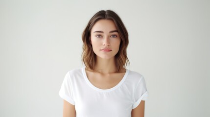 Close up portrait of a pretty young lady and tender glance looking on camera. Non-existent person