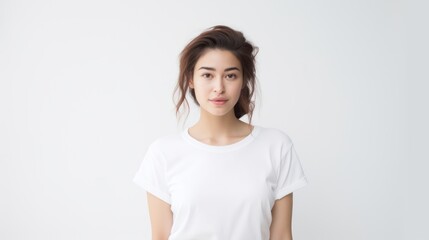 Close up portrait of a pretty young lady and tender glance looking on camera. Non-existent person