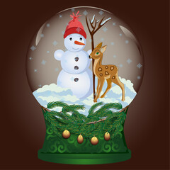 snow globe,deer in the snow, decorated christmas tree in the snow,christmas tree branch,christmas balls, snow falls,snowman with a broom, the star is burning on the tree, christmas glass globe