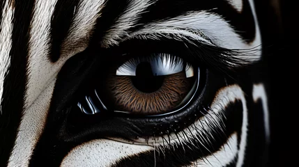 Deurstickers A close up of a zebras eye with a black background © Fauzia