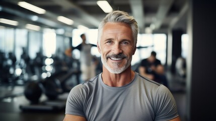 Motivation, fitness and portrait of asenior man in gym wellness and cardio workout. Smile, healthy body and face of senior male after training, exercise and sports goals - obrazy, fototapety, plakaty