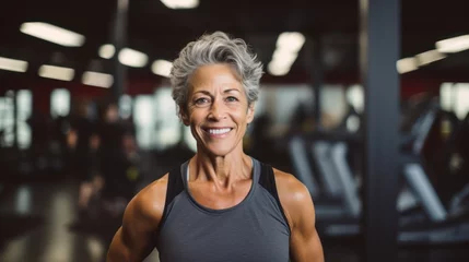 Fototapete Rund Senior, woman, and gym portrait of a person happy about fitness, training, and exercise. Sports, happy. Smile, healthy body and face of senior woman after training, exercise, and sports goals. © Kowit