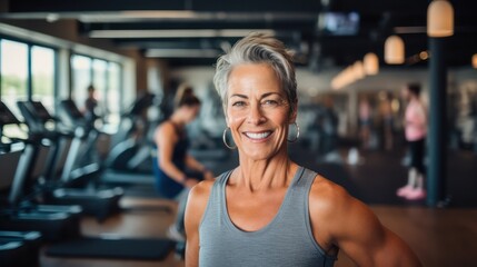 Fototapeta na wymiar Senior, woman, and gym portrait of a person happy about fitness, training, and exercise. Sports, happy. Smile, healthy body and face of senior woman after training, exercise, and sports goals.