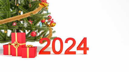 2023 Happy new year white background 3d rendering with christmas tree and red gift boxes.