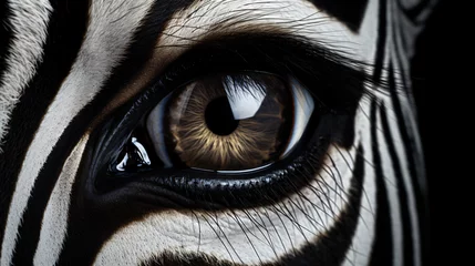 Fotobehang A close up of a zebras eye with a black background © Fauzia