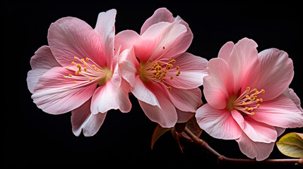 A close up of two pink flowers on a black background