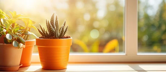 Photo sur Plexiglas Cactus A green house plant on a windowsill against a window background