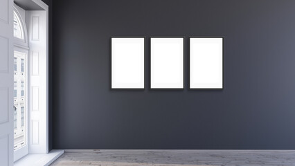 Mockup poster 3 frames in modern interior living room background with black wall