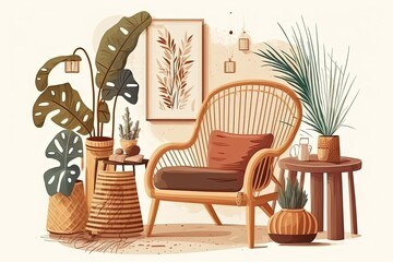 Wicker armchair, coffee table and woven baskets in living room. Illustration generative AI