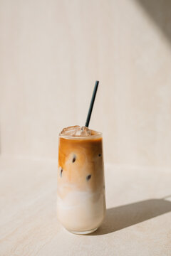 Close-up of a glass of iced coffee on a table