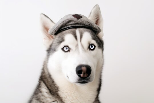 Close-up portrait photography of a cute siberian husky wearing a beret against a white background. With generative AI technology