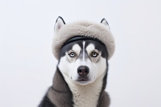 Close-up portrait photography of a cute siberian husky wearing a beret against a white background. With generative AI technology