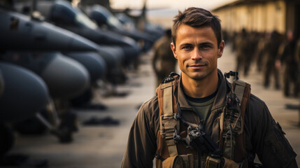 Portrait of pilot man standing in front of a lot of military equipment.