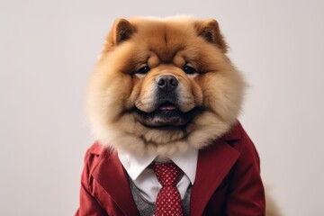 Medium shot portrait photography of a cute chow chow dog wearing a dapper suit against a white background. With generative AI technology