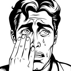 Crying young man wipes away tears with his hand, vector illustration in vintage pop art comic style, outline