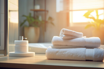 Fototapeta na wymiar Closeup with beautiful white towels in a bathroom in a stylish modern house. Background of the gentle light of nature inserted through the window. Refresh concept of health and beauty.