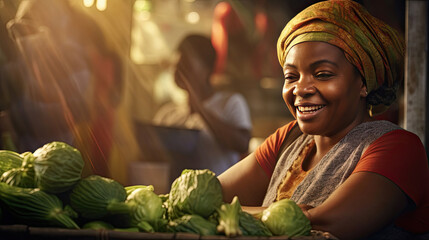 Joyful african american seller woman working in fruit shop. Generative Ai