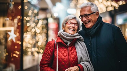 Mature couple laughing at a mall going Christmas shopping. Generative AI.