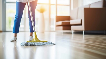 Unrecognizable person cleaning the floor of a house created with Generative AI.