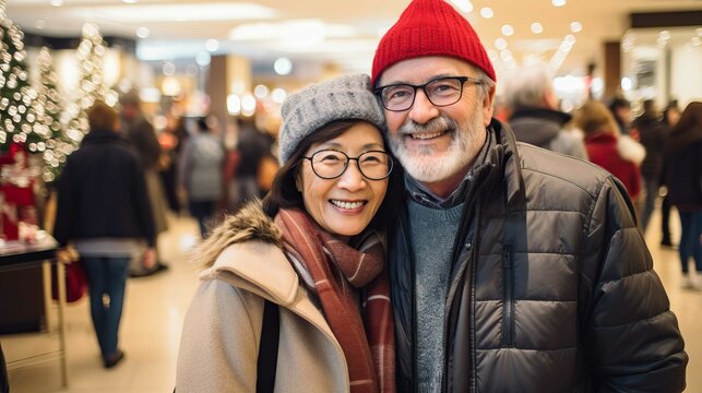 Mature interracial couple smiling at a mall going Christmas shopping. Generative AI.