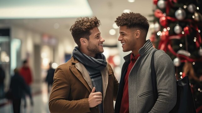 Gay interracial couple smiling at a mall going Christmas shopping. Generative AI.