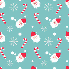 Seamless pattern for Christmas and New Year. The face (head) of Santa Claus on a blue background with white snowflakes and Christmas candy.