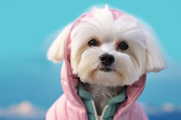 Headshot portrait photography of a funny maltese wearing a parka against a pastel or soft colors background. With generative AI technology