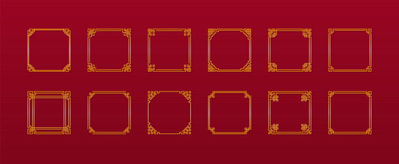Large set of Chinese square frames in traditional style. Golden Asian frame on red background. Vector illustration.