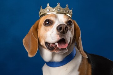 Studio portrait photography of a smiling beagle wearing a princess crown against a royal blue background. With generative AI technology
