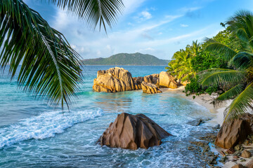 Granite rocks and palm trees on the scenic tropical sandy Anse Patates beach, La Digue island, Seychelles - obrazy, fototapety, plakaty