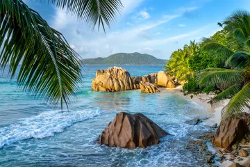  Granite rocks and palm trees on the scenic tropical sandy Anse Patates beach, La Digue island, Seychelles © Delphotostock