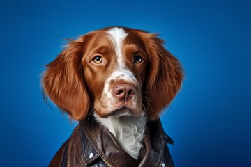 Medium shot portrait photography of a funny brittany dog wearing a leather jacket against a royal blue background. With generative AI technology - obrazy, fototapety, plakaty