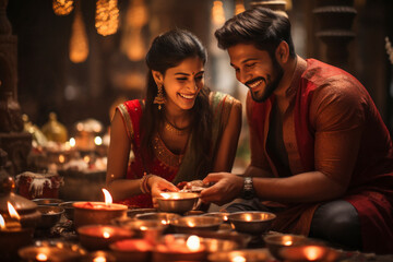 Indian couple celebrating diwali festival at home.