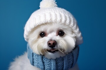 Close-up portrait photography of a smiling bichon frise wearing a winter hat against a royal blue background. With generative AI technology - obrazy, fototapety, plakaty