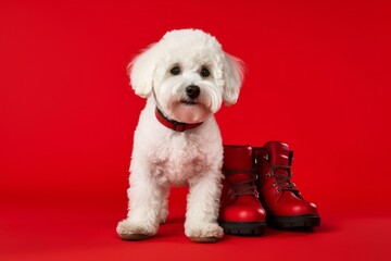 Environmental portrait photography of a happy poodle wearing a pair of booties against a red background. With generative AI technology