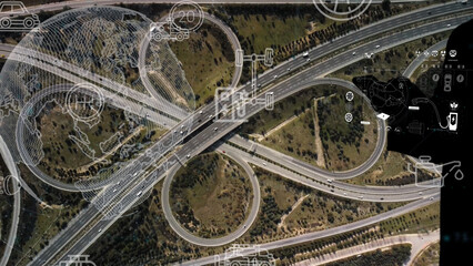 Intelligent Vehicles Cars Communicating Ai Logistic Autonomous Delivery Vehicles IoT GPS Tracking Satellite 5G Smart Roads Traffic Road Junction Interchange Motorway Triangulation Of Traffic Data