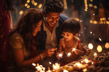 Obraz na płótnie Canvas Indian family celebrating diwali festival
