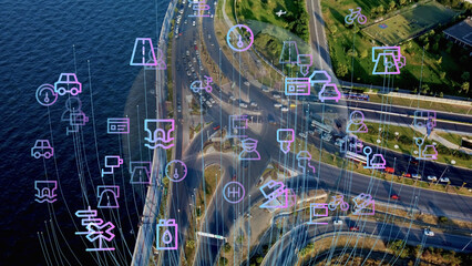 Intelligent Vehicles Cars Communicating Ai Logistic Autonomous Delivery Vehicles IoT GPS Tracking Satellite 5G Smart Roads Traffic Road Junction Interchange Motorway Triangulation Of Traffic Data