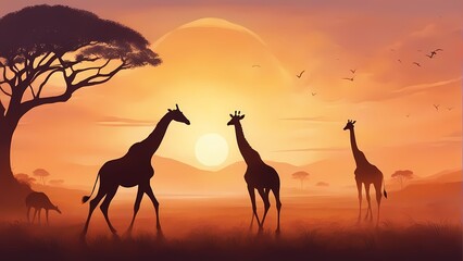 Silhouette of giraffes in sunset.