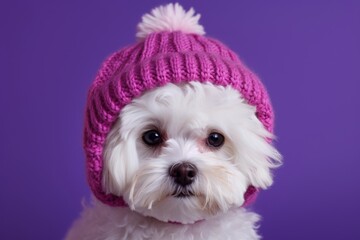 Close-up portrait photography of a cute bichon frise wearing a knit cap against a vibrant purple background. With generative AI technology