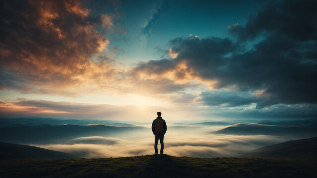 Silhouette of lonely person looking at mountain and nature view. Lonely man standing in fantasy landscape with shining cloudy sky. Meditation and spiritual life. (Productive AI)