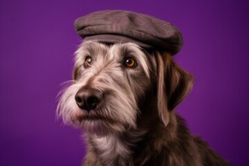 Medium shot portrait photography of a funny irish wolfhound dog wearing a beret against a vibrant purple background. With generative AI technology