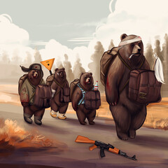 Army of shabby bears, throwing down their weapons and raising white flag, goes home or is captured from the occupied territories, cartoon style. Surrender of the second army of the world - obrazy, fototapety, plakaty